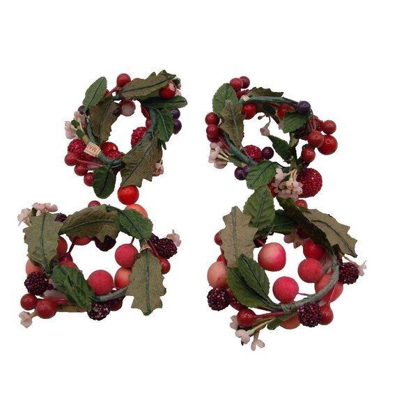 Lot 4 Candle Ring Holders 2" Pink Burgundy Berry Decor Christmas Holiday Vintage - Picture 5 of 10